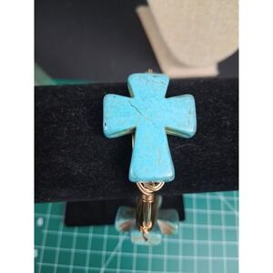 Bourbon Bowties Wire Wrapped Cross Bracelet Faux Turquoise Statement Boho Chunky
